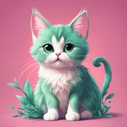 A heartwarming cartoon illustration featuring an irresistibly cute mint-colored cat on a vibrant pink background, (heartwarming cartoon:1.4), (cute mint-colored cat:1.5), (vibrant pink background:1.3), (expressive mint hues:1.2), influenced by the styles of heartwarming cartoonists, trending on ArtStation, Intricate, Sharp focus, vibrant lighting, (whimsical:1.4), (captivating details:1.5), (lush fur details:1.3), Cartoon, Masterful, Captivating, High Detail, Cinematic view