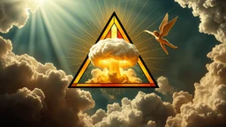 a nuclear explosion cloud(middle) framed from behind by a triangle of stained glass surrounded by radiant lines from the center, the wind and smoke from the explosion forming shapes of attractive dancing women(bottom) and cherubs(top) in the clouds, religiose art, angelic light