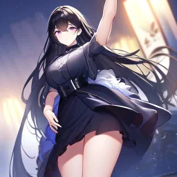 Clear focus, high resolution, black long fluffy hair, purple eyes, wearing a detailed outfit with a medium skirt