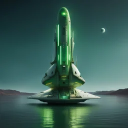 Tall vertical thin large detailed space ship floating on wide River very small green hull lights, Daylight, antennas, ,very small green hull lights , stopped, , luminescent , 35 mm focal length