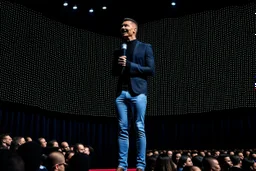 A picture of a speaker standing on a stage looking confident and excited as he speaks to a large audience.