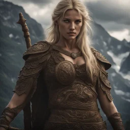 Behold the powerful alluring and pretty blonde barabarian warrior woman, her body adorned with with runes, in the middle of the alps. intricate details, HDR, beautifully shot, hyperrealistic, sharp focus, 64 megapixels, perfect composition, high contrast, cinematic, atmospheric, moody