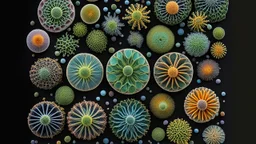 Exotic microscopic organisms, coloured, perfect geometric designs, amazing detail, beautiful composition, award-winning photograph, astonishing realism, 28mm lens, adjust perspective