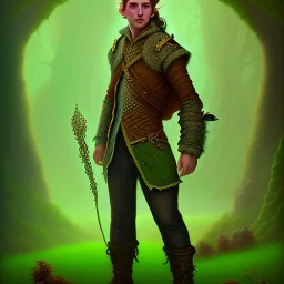 spray painting fantasy art from middle earth, portrait cute bard thief with dark green pants standing in portal to desert world from forest world with wind,poetry book illustration