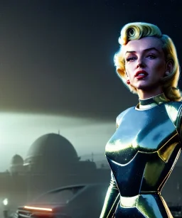 Ultra Realistic retro sci-fi 1960 scene, waist up view portrait, blonde woman, sweet young Marilyn Monroe face, perfect iris, tight latex coat, Strange planet background, Retro sci-fi style glass helmet, fog, rain, soft color, highly detailed, unreal engine 5, ray tracing, RTX, lumen lighting, ultra detail, volumetric lighting, 3d, finely drawn, high definition, high resolution.
