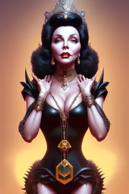 Joan Collins as evil queen in black leather, leather, busty, cleavage, angry, stern look. character design by cory loftis, fenghua zhong, ryohei hase, ismail inceoglu and ruan jia. unreal engine 5, artistic lighting, highly detailed, photorealistic, fantasy