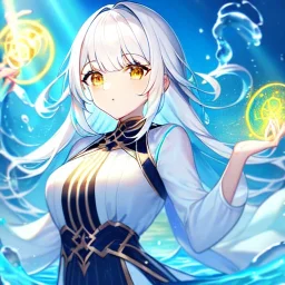 8k, Girl, high quality, detailed, white hair, golden eyes, beautiful lighting, vibrant colors, twins, water magic