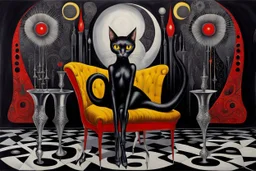 The dark psichotic painting depicts a surrealist scene with a central figure of an elongated, black cat-like creature with human features. This figure has big head bright yellow eyes, long whiskers, sleek body with two long legs ending in shiny silver heels, sitting in a red color armchair wit black goth patterns. On the left, a black-silver vase holds circular, eye-like flowers in orange and dark red. random backgrond, crepy, surreal vibe