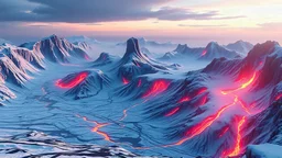 icy volcanic landscape that looks futuristic with futuristic lighting, magma and glaciers, horizon, realistic rendering