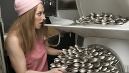 very confused young woman puts many metal spoons in her dryer