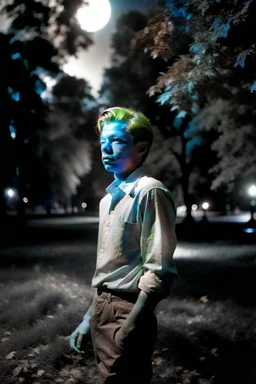 Artistic portrait of a young stylish albino teen dressed in grey casual wear walking in a park in the moonlight by Herbert List