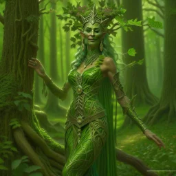 create a full body portrait of a forest dryad enchantress , with highly detailed, sharply lined facial features, in the deep forest of Brokilon in rustic woodland colors, 4k in the style of Peter Mohrbacher