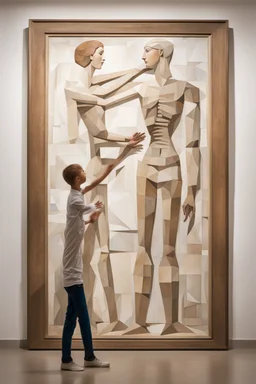 Mother holds her son , cubism a tall slender woman is standing in front of a large white picture frame displayed on the wall of an art gallery. The frame is traditional in style but looks like and has the texture of white clay. Her arms are outstretched like da vinci’s vetruvian man, and the length of her arms and body corresponds to the width of the picture frame. Her feet are perched on a surreal small shadow rock and it looks like she is floating above calm water. The picture is without canva