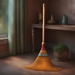 old wooden broom on floor. No detailed background.Magical. Dramatic, highly detailed, digital painting, masterpiece