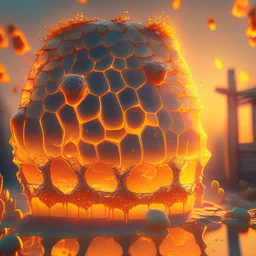 bee hive covered with glowing orange slime, sunset, photorealistic, unreal engine 5, masterpiece, trending on artstation, sharp focus