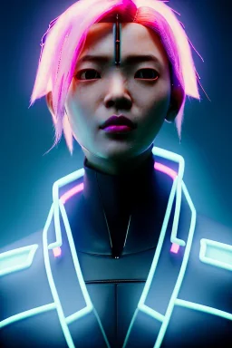 portrait, Asian cyborg woman, ghost in the shell style :: symmetry photography, cyberpunk, pink hair, makeup, long line eye, light iris, :: latex coat, japanese traditional pattern, wires and circuits, pink, white, black :: cinematic, Ultra realistic, dark scene, soft color, highly detailed, unreal engine 5, RTX, ultra detail, 3d, finely drawn, high definition.