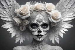 beautifull sugarskull , pretty eyes , big wings, Absolute harmony, ornate pattern, White roses covered with rime, magical, inspired by a fantastical world, crystallized product photography, soft light, volumetric lighting, ultra-detailed photography, grey background, Perfect anatomy. "hibli studio + super high resolution + UHD + HDR + highly detailed + FStop 2. 8 + 150mm lens + high fidelity + studio shot + award winning + ray tracing", epic royal background, big royal uncropped crown, royal jew
