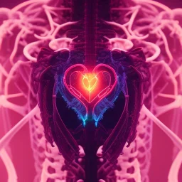  human heart, realistic, cyberpunk, rib bones, neon shining, dark red tones,