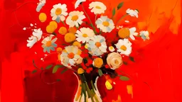 A bouquet of vibrant red and white flowers in a vase on an orange background, with loose brush strokes and a warm, textured look.