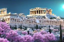 Acropolis of Athens , 8k resolution holographic astral cosmic illustration mixed media by Pablo Amaringoe captured inside a big snow crystal ball. unreal engine 5, 24mm , deep colours , blue , white ,gold ,pink cherry blossom, green bonsai trees ,