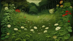 A dark green meadow with plants designed in Japanese Oni masks painted by John Atkinson Grimshaw