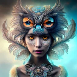 Insanely detailed photograph of an elaborate beautiful owl goddess intricate glowing skin eyes intricate face hair lashes fur dress hyperdetailed painting by Anna Dittmann Huang Guangjian and Dan Witz CGSociety ZBrush Central fantasy art album cover art 4K 64 megapixels 8K resolution HDR Greek shiny space colours jewelry celestial hair eyes light"