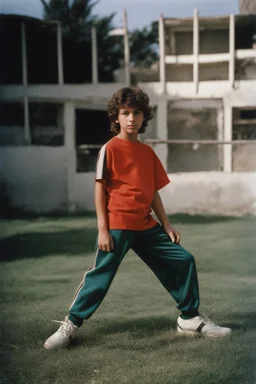 eleven year old mediterranean boy dressed track pants, early 80's color photo