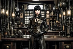 full-length pale dark-haired woman with a straight bob hairstyle with a fringe, in a steampunk leather outfit, and gloves, standing in a steampunk laboratory