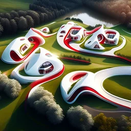 Vista aérea Hilera de casas campestres estilo Zaha Hadid obra de arte detallada color blanco crema y rojo imperial arte digital impactante hiperrealista 8k