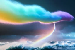 precise digital photo of a rgb random multicolour tornado made of smoke particles, over a stormy ocean, high waves colliding with the smoke, foam, intricate, 8k, extremely detailed, cgi, hyperrealistic render, volumetric lighting, impressive volumetric clouds, vitality colors, double precision