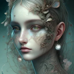 karlan, plant metal, feathers, Dryad, fae, sidhe, ominous, nature, plants, wildflower background, face tattoo, intricate, oil on canvas, masterpiece, expert, insanely detailed, 4k resolution, cute big circular reflective eyes, cinematic smooth, intricate detail, soft smooth lighting, painted Renaissance style