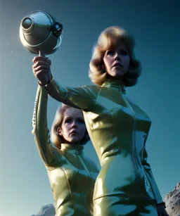 Ultra Realistic retro sci-fi image from 1960, spaceship, sweet young woman Jane Fonda with a Lizard Man, dress with tight latex coat and retro glass helmet, Retro sci-fi style, soft color, highly detailed, unreal engine 5, ray tracing, RTX, lumen lighting, ultra detail, volumetric lighting, 3d, finely drawn, high definition, high resolution.