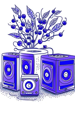 Draw a set of sound systems and blue blueberries, with the phrase: