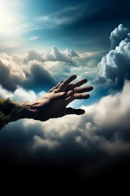 Generate a surrealistic landscape with Gods arm reaching down from a cloud towards earth