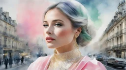 woman, Paris, watercolor, glow, transparency, lumen, professional photo, 3d, 64k, high resolution, high detail, computer graphics, hyperrealism, f/16, 1/300 s. digital painting, double exposure, colors: white, silver, gold, gray, delicate pink, delicate green, blue, photorealistic painting, tenderness, torn edges, cracks,