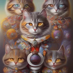 prompt, Fantasy harlequin cats by Louis Wain, by Catherine Abel, by Gediminas Pranckevicius, fantasy, oil on canvas, beautiful, high details, ultra detailed, crisp quality, colourful, high definition