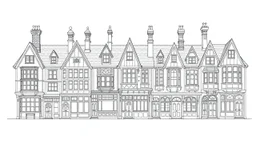A highly detailed front elevation line drawing of a row of fantasy houses, with tall chimneys, rooms and floors added to sides and roofs, like Harry Potter's Diagon Alley, inspired by Moebius