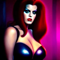 portrait oil on canvas, beautiful punk busty Jessica Rabbit , intense stare, sad glowing eyes, post-apocalyptic in a cyberpunk city,minimal skintight latex dress, bladerunner movie poster, realistic, intriacte detail,rainy, sci-fi fantasy style, masterpiece, volumetric lighting, particles, highly detailed ,cinematic , deep colours,8k, in the style of Simon Beasly