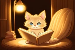 cute chibi fluffy beige bioluminescent cat reading a book sitting on a sofa next to a glowing tiffany lamp in a modern room