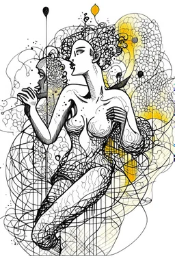 Ink drawing graphics venus excitante figures , line drawing, white background, negative space, splashes of soft colours hiperdetailed