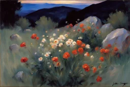 Landscape with night, mountains, flowers, rocks, john singer sargent paintings