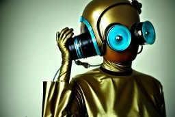 Golden to cyan surfaces body, latex. Tendril-mask-Synthesizer-proboscis. Lightly armored bodies. Metallic headphones and speakers. Hot Russian military girl. Old-fashioned cameras integrated to heads. Suture eyes. Strange Steam-punk Silver tumbler hands! Dystopia perfect body. Mind-download from 1950's computer. Partly symmetrical in relation to the computer. Perfect golden ratio in all directions. Space-corruption. Steam-machines-tubes. Oppressive atmosphere. Thick Mind-upload-cable. Propaganda