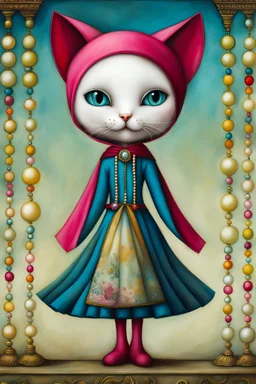 the Cat with a Pearl Earring, Nicoletta Ceccoli, ink drawing, colourful, triadic colours, award winning, crisp quality, simple comic style, sharp focus