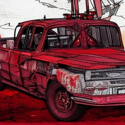  line Art coloured, destroyed, post apocalyptic, darkred tones,