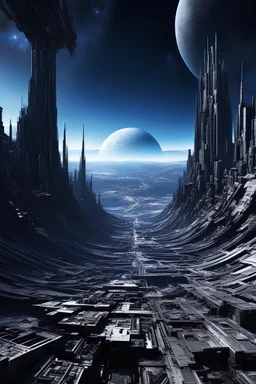 Kepler 452b landscape, destroyed alien buildings on background, dark atmosphere, cosmic blue and grey, split perspective, Neo-baroque digital glitch art, hyper detailed, photorealistic