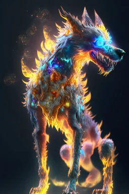 Zombie dog fire dragon humanoid fused ,extremely detailed,crystal clear, mystical colors ,perfectly centered image, perfect composition, rim light, beautiful lighting, 8k, stunning scene, raytracing