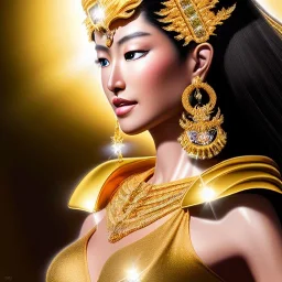 Ultra detailed realistic fullbody Portrait in oil on canvas of beautiful female character with gold armor(saint Seiya),extremely detailed digital painting, extremely detailed face, crystal clear eyes, mystical colors ,perfectly centered image, perfect composition, rim light, beautiful lighting,masterpiece ,8k, stunning scene, raytracing, anatomically correct, in the style of Sixfrid and KyuYong Eom and Steve Jung and Simon Bisley.