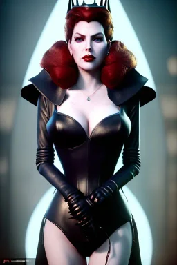 Lana Turner as evil queen in black leather, leather, busty, cleavage, angry, stern look. character design by cory loftis, fenghua zhong, ryohei hase, ismail inceoglu and ruan jia. unreal engine 5, artistic lighting, highly detailed, photorealistic, fantasy