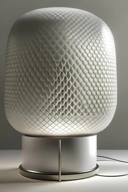 Lamp with a 3D high Metalic grid lamprod and a big white linen round lampshade