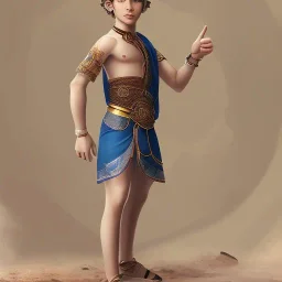 beautiful 12 year old arabic boy with curly hair and light blue eyes dressed in loincloth